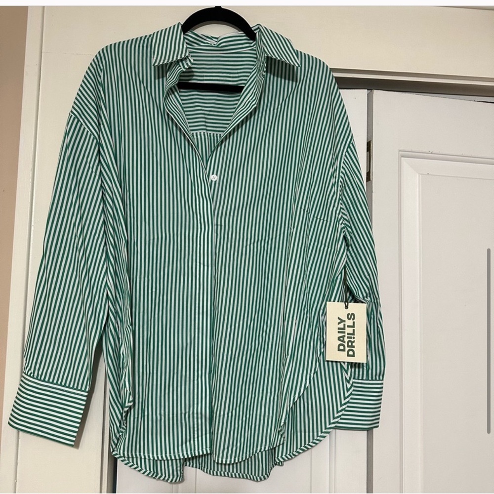 Daily Drills Oversized Button Down Green Stripe XS/S NWT - Picture 9 of 12